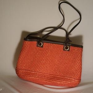 Orange Striped Straw Wicker Shoulder Handbag Purse